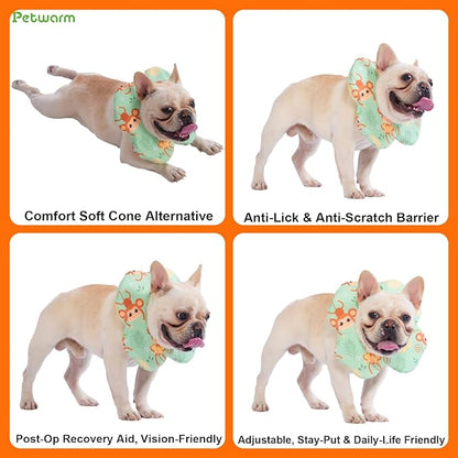 PetWarm Recovery Collar for Dogs, Dog Recovery Collar, Lightweight Pet Neck Protector with Memory Foam Padding, Gentle No-Lick Flower Design for Calm Rest and Travel, Monkey Print, Green, S