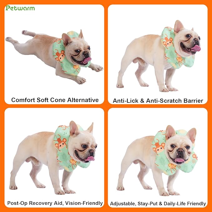 PetWarm Recovery Collar for Dogs, Dog Recovery Collar, Lightweight Pet Neck Protector with Memory Foam Padding, Gentle No-Lick Flower Design for Calm Rest and Travel, Monkey Print, Green, L