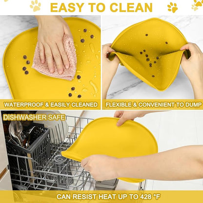 Smilool Small Silicone Pet Food Mat with Raised Edge for Food and Water Bowl, Square Dog Feeding Mats, Cat Food Trays for Floor Waterproof, Rubber Tray for Dogs and Cats, 12 x 12 x 0.7 Vivid Yellow