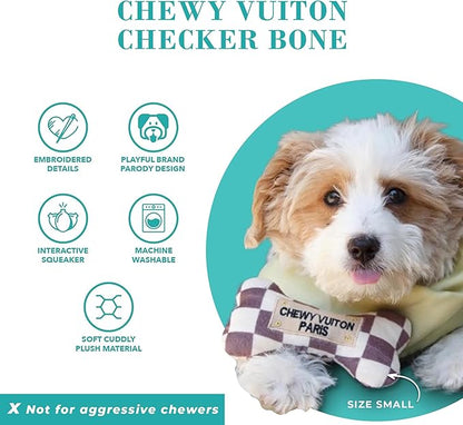 Haute Diggity Dog Chewy Vuiton Bone Plush Squeaky Dog Toy, Soft Durable Designer-Inspired Stuffed Puppy Chew Toys for Small & Medium Dogs, Machine-Washable (Tan Checker) Small