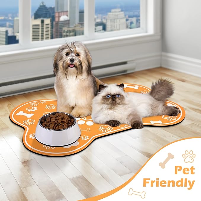 Dog Cat Mat for Food and Water,Rapid Absorbent Pet Feeding Mat, Bone Shaped Dog Placemat Bowl Mat with Rubber Backing,No Stains Pet Food Mats Indoor, Pet Accessories Supplies,Orange 12"×18"