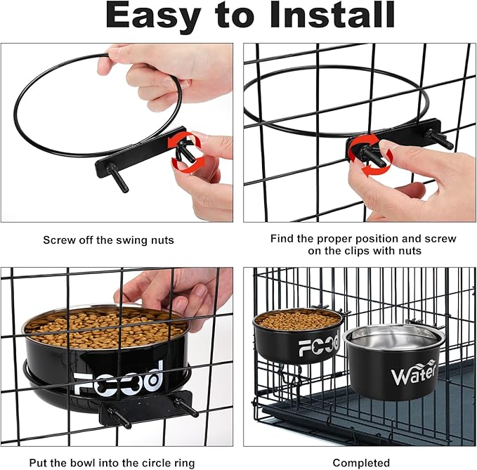 Crate Water Bowl No Spill for Large Dogs, Removable Stainless Steel Dog Bowls for Food and Water, Dog Kennel Hanging Wet and Dry Food Feeder for Medium/Large Pets, (7.1"x3.7" & 6.3"*2.6", Black)