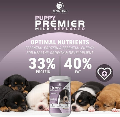 ANNUSO Puppy Premier Milk Replacer, 12oz - 33% Protein & 40% Fat - with IgY & Probiotics for Growth, Energy & Immune Support - for Birth to Weaning, Easy-Mix Powder