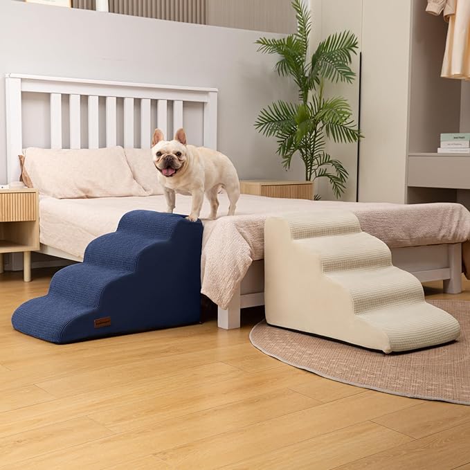 Aodisman 4-Step Dog Stairs and Ramp for Beds or Couches,Non-Slip Sturdy Pet Steps for Small Dogs and Cats,17.4" H,Blue