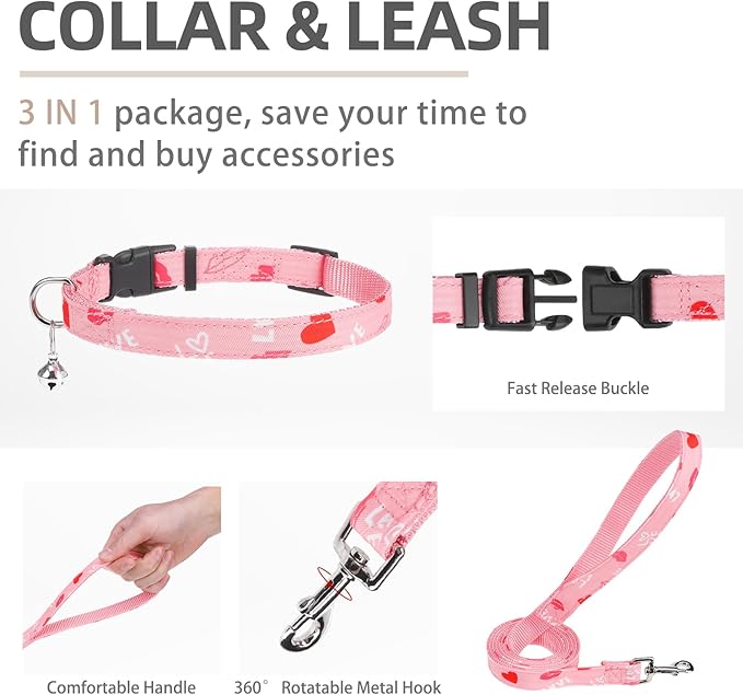 PUPTECK Adjustable Dog Harness Collar and Leash Set Step in No Pull Pet Harness for Small Medium Dogs Puppy and Cats Outdoor Walking Running, Soft Mesh Padded Reflective Vest Pink Red Heart Harnesses