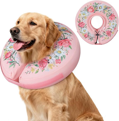IEUUMLER Inflatable Recovery Dog Cone Collar, Neck Donut Protective ECollar, Adjustable Soft Collar for Dog and Cat After Surgery Prevent from Biting & Licking EU020 Floral Wreath M+