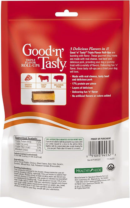 Good'n'Fun Good 'n' Tasty Triple Flavor Roll Ups 4 Oz Cheese,Beef,Pork,(Pack of 4)