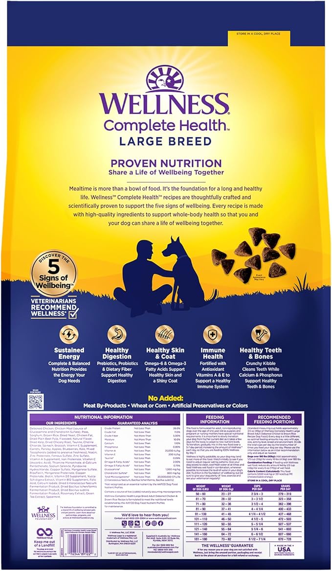 Wellness Complete Health Large Breed Adult Dry Dog Food, Wholesome Grain Kibble, Natural, Chicken and Brown Rice Recipe, 38 lb Bag