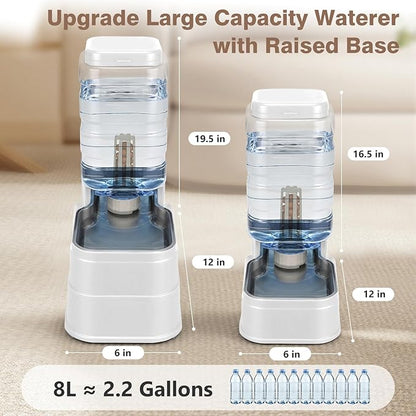 2.2 Gallon Pet Automatic Dog Water Dispenser Cat Gravity Waterer Feeder with Stainless Steel Bowl Large Capacity Puppy Feeding Raised Bowls with Filter,Ice Pack (White, 8L(2.2 Gallon))
