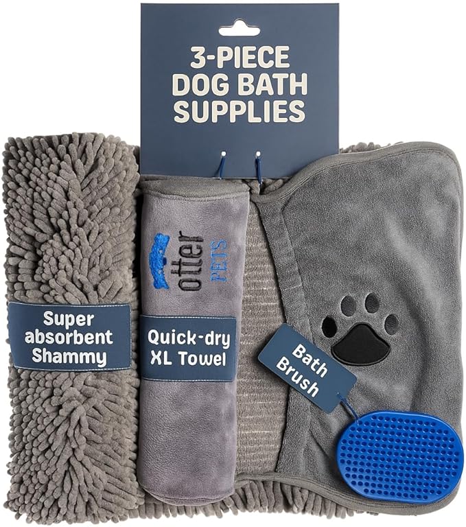 OtterPets 3 Piece Set: 2 Dog Towels and Dog Bath Brush. Dog Shammy and Microfiber Dog Towel. Super Absorbent Towels, Dog Bath Supplies, Dog Scrubber for Bath