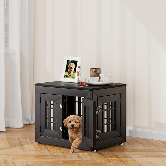 Snuowu 26" Heavy Duty Dog Crate Furniture for Small,Medium and Large Dogs,Rustic Wooden Dog Cage Kennel Indoor Furniture with Waterproof Top,Decorative Pet House Side End Table (Black)
