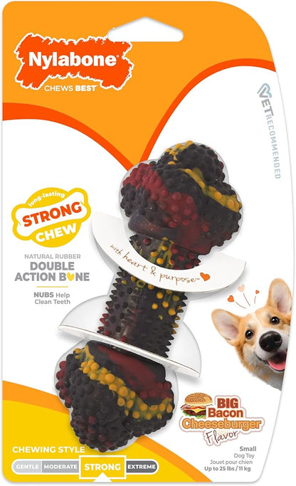 Nylabone Double Action Bone Strong Chew Toy for Dogs, Rubber Dog Toys for Moderate & Aggressive Chewers, Bacon Cheeseburger, Small - Up to 25 Ibs, 1 Count