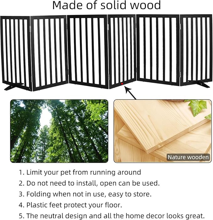 ZJSF Freestanding Indoor Dog Gate for House Foldable Wood Puppy Gate for Doorways Pet Gate for Stairs Extra Wide Pet Fence, Black, 32" Height 6 Panels