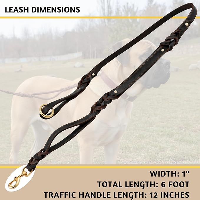 ADITYNA - Double Handle Leather Dog Leash 6ft - Heavy Duty Braided Dog Leash with Traffic Handle for Mastiff, Saint-Bernard, Rottweiler - Lead for Extra-Large Breeds (Black, Two Handles 6 Foot x 1")