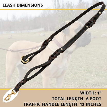 ADITYNA - Double Handle Leather Dog Leash 6ft - Heavy Duty Braided Dog Leash with Traffic Handle for Mastiff, Saint-Bernard, Rottweiler - Lead for Extra-Large Breeds (Black, Two Handles 6 Foot x 1")
