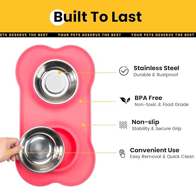 Conlun Stainless Steel Dog Bowls with Non-Slip Silicone Mat, Spill Proof Food & Water Bowls Set, Easy Clean Puppy Food Dish, Dishwasher Safe, Suitable for Dogs Cats Pet Under 20lbs, Small, Pink