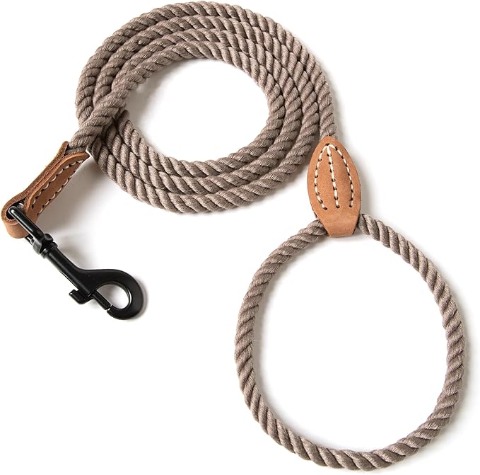 Mile High Life Dog Leash, Braided Cotton Rope Leashes with Leather Tip - Heavy Duty Metal Clasp, 5FT, 1/3" Thick - Wedding, Walking Leash for Small Medium Dogs(Camel)