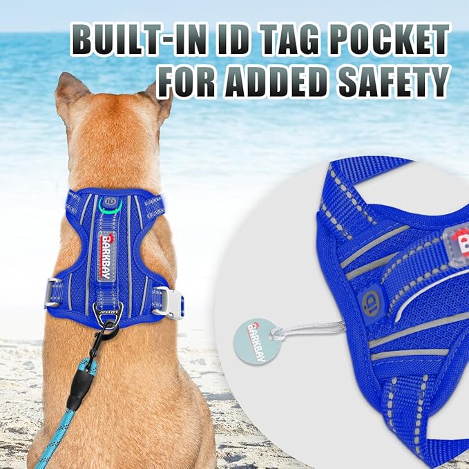 BARKBAY No Pull Dog Harness Large Reflective Dog Harness with Front Clip and Easy Control Handle for Walking Training Running with ID tag Pocket(Sapphire Blue,L)