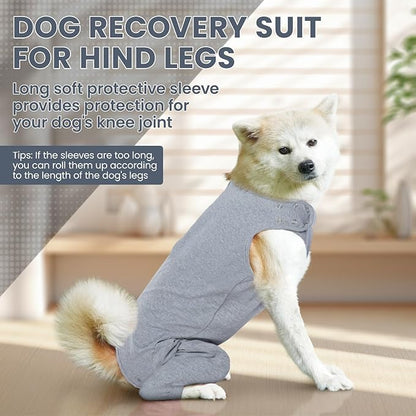 IDOMIK Dog Recovery Suit,Dog Leg Sleeve to Stop Licking Rear Legs,Thigh Wound Protective Sleeve,Male Female Pet Surgical Clothes,Doggy Surgical Suit with Pants Cover,Cone Collar Alternative,2XL,Grey