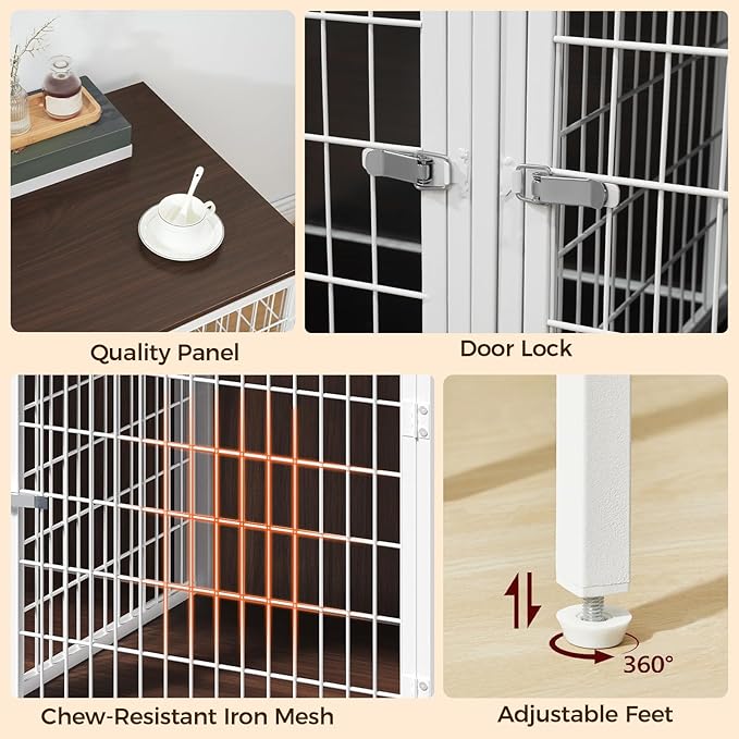 MAHANCRIS Dog Crate Furniture for 2 Dogs, 43.3" Dog Kennel with Removable Divider, Heavy Sturdy Dog Furniture Style Double Cage for Small Medium Dogs, Indoor Pet House End Table, White and Walnut