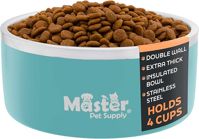 Master Pet Supply Stainless Steel Dog Bowls - 32 oz, Heavy Duty - Aqua Sky, Double Wall Extra-Thick Insulated, Non-Slip Pet Water Bowl for Dogs, Cats & Pets, Anti Rust Metal, Dish Washer Safe