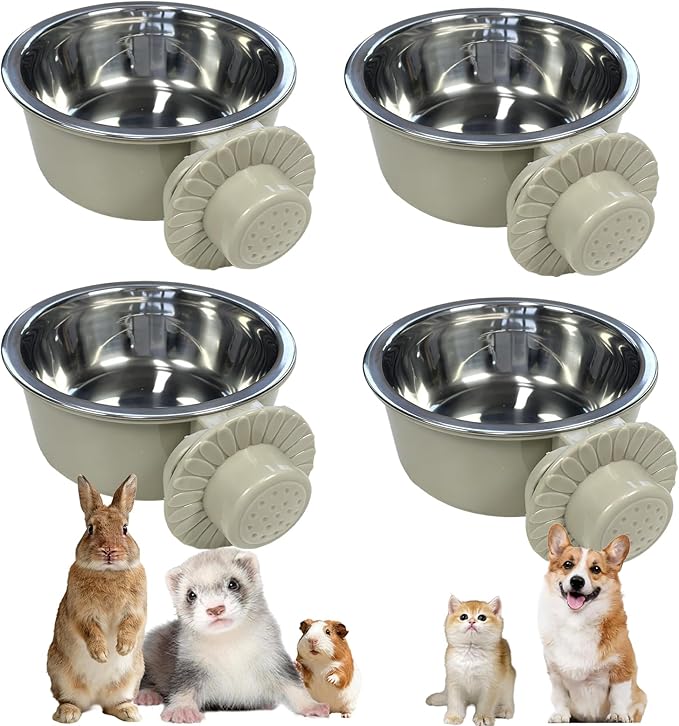 kathson Lightweight Stainless Steel Pet Bowls, Removable Crate Dog Bowl Hanging Pet Food Water Feeder Bowl, Cage Coop Cup for Puppy Cat Rabbit Ferret Birds Guinea Pigs (4pcs)