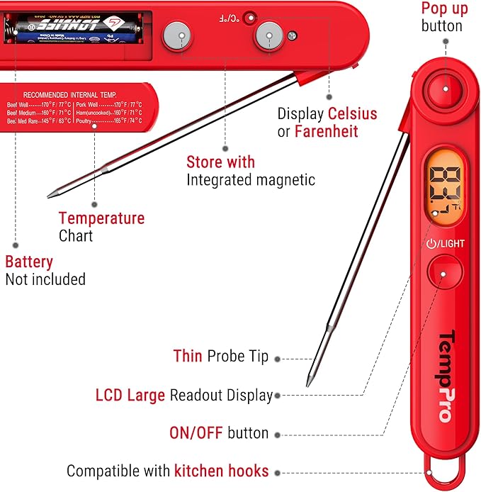 TempPro TP03B Digital Meat Thermometer for Cooking, Instant Read Thermometer with Backlight, Kitchen Food Thermometer for Grill Smoker BBQ Oil Deep Fry Candy Bread Coffee (Previously ThermoPro)