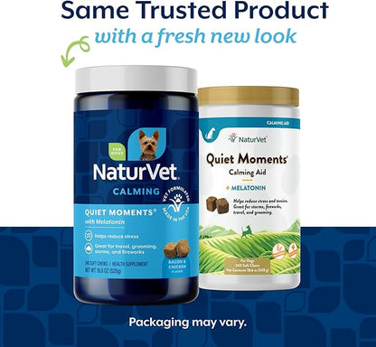 NaturVet Quiet Moments Calming Dog Supplement, Dog Soft Chews with Melatonin to Help Reduce Stress from Storms, the Vet, Fireworks, and Travel, Bacon and Chicken Flavored Pet Supplement, 240 Count Jar