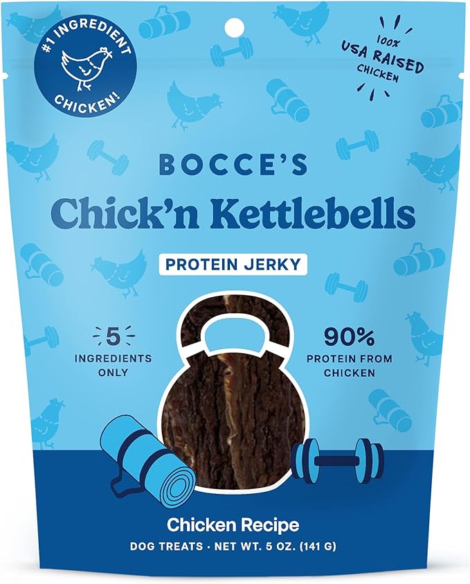 Bocce's Bakery Chick’n Kettlebells Chicken Jerky Protein Cuts Dog Treats – Natural & High-Protein, Wheat-Free, Made with Real Ingredients – Baked in The USA with No Added Salt or Sugar, 5oz