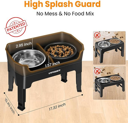 URPOWER 3-in-1 Elevated Dog Bowls - Mess Proof Double Deck 4 Height Adjustable Raised Stand with 2 Stainless Steel Food Bowls & Licking Plate for Small, Medium & Large Dogs