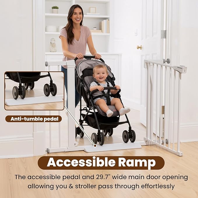 Baby Gate for Stairs, 29.7-40.6" Pressure Mounted Dog Gate, Auto Close Safety Gate for Children & Pets, Easy Install Pet Gate with Walk Thru Door for Doorways & Hallways, No Drilling, Dual-Lock Design
