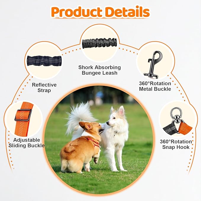 Double Dog Leash - 360°Swivel Tangle Free Splitter Attachment, 2 Dogs Multi-Functional Leashes, Dual Rope for Outdoor Walk Train Small Medium Large Two Pet, Orange
