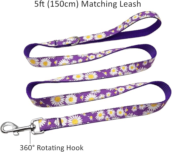 Dog Collar Leash Set, Floral Pattern, Nylon Webbing Plus Cotton Ribbon, 5ft Matching Leash, for Medium Dogs.(M, Purple Daisy)