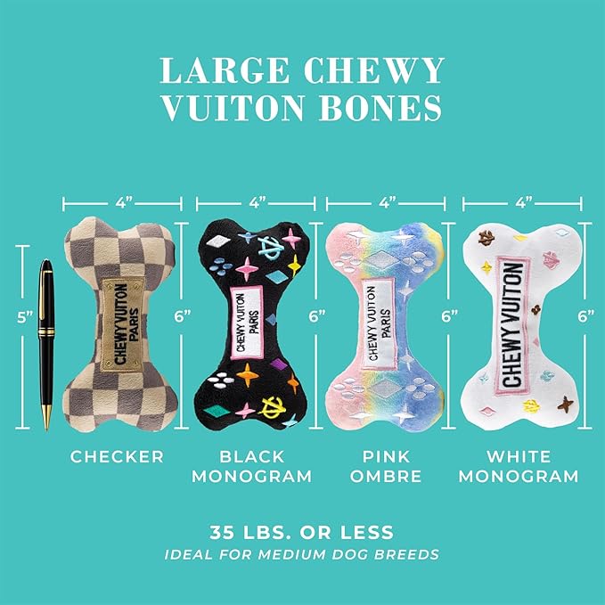 Haute Diggity Dog Chewy Vuiton Bones Plush Squeaky Dog Toys, Soft Durable Designer-Inspired Stuffed Puppy Chew Toys for Small & Medium Dogs, Machine-Washable (Assorted Colors) One Size, 4 Pcs
