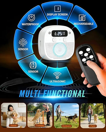 Dog Barking Control Devices, Anti Barking Device for Dogs with Remote Control, Ultrasonic & Sensor Technology, Rechargeable, Waterproof, Adjustable Modes & Frequencies, Bark Box Indoor Outdoor(White)