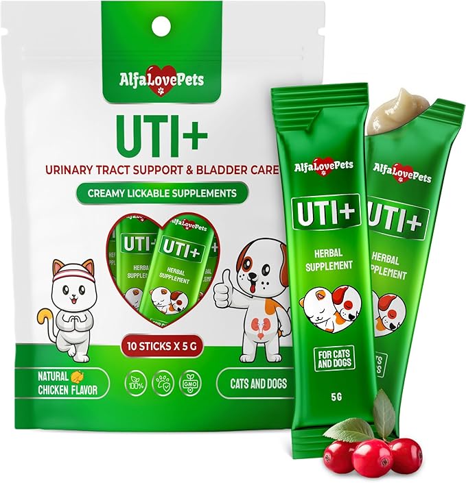 Cat UTI Treatment for Frequent Urination, Bladder & Kidney Irritation – Squeezable Dog UTI Treatment for Natural Care – Creamy UTI+ Cranberry Supplement for Dogs with Chicken Flavor – 10 Sticks x 5 g