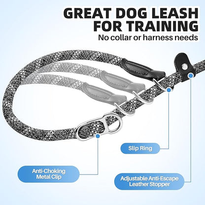 SlowTon Slip Lead for Dogs - Hands Free No Tangle Adjustable 4-6 FT 1/2” Rope, Heavy Duty Nylon Leash for Large Medium Dogs that Pull, No Pull Training Slip Leashes, 20-120lb, Dark Grey