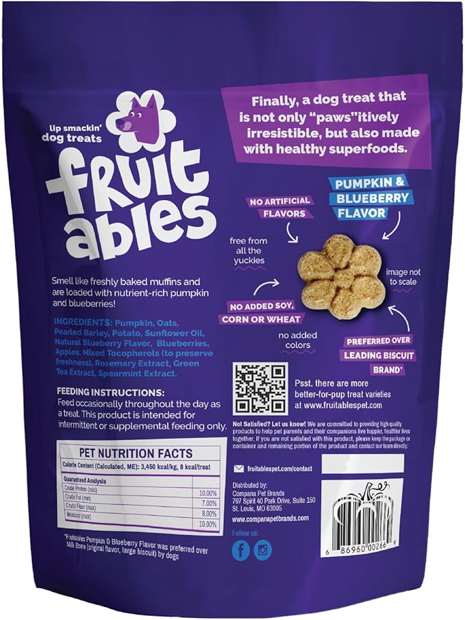 Fruitables Baked Dog Treats, Pumpkin Snacks for Dogs, Low Calorie & Delicious, No Wheat, Corn or Soy, Healthy Puppy Training Treats, Made in The USA, Pumpkin and Blueberry Flavor, 20oz