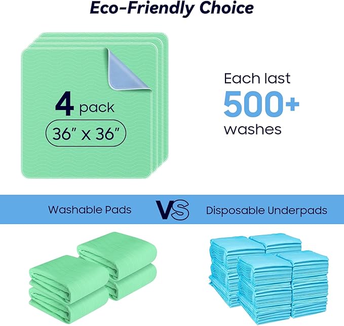 FYGRIP 4 Pack 36” x 36” Extra Heavy Absorbency Washable Underpads, Waterproof Quick Drying Nursing Incontinence Reusable Washable Bed Pee Pads for Dogs, Diaper Changing & Adults, Green