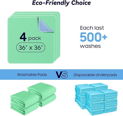 FYGRIP 4 Pack 36” x 36” Extra Heavy Absorbency Washable Underpads, Waterproof Quick Drying Nursing Incontinence Reusable Washable Bed Pee Pads for Dogs, Diaper Changing & Adults, Green