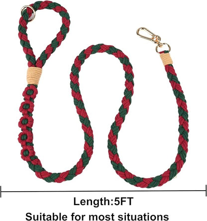 Handmade 5ft Braided Cotton Dog Leash with Unique Floral Handle, Durable and Stylish, Ideal for Small to Large Dogs, Blue & Yellow Twist (Yuletide Petals)
