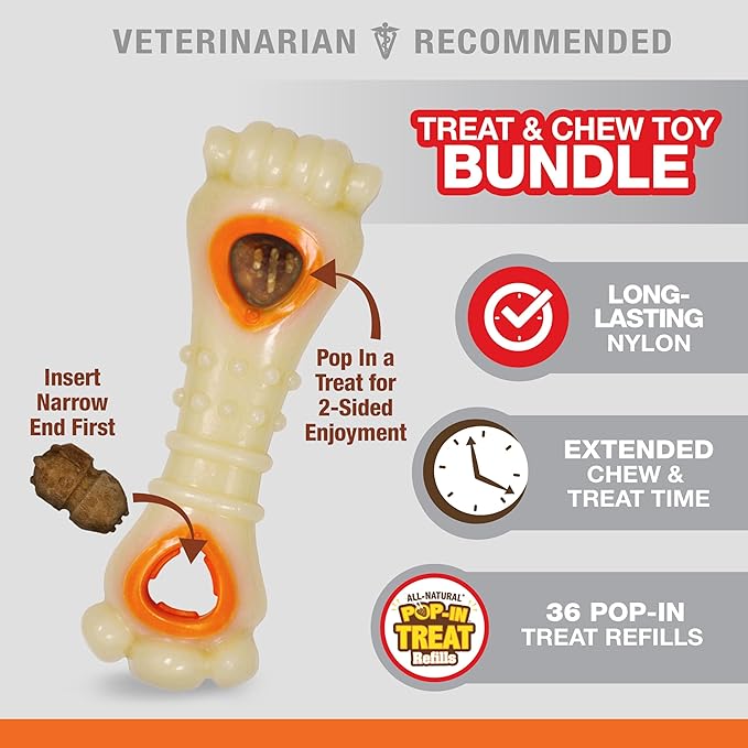 Nylabone Knuckle Bone Pop-in Treat Toy Power Chew Toy with 30 Refills, Interactive Treat Dispensing Enrichment Toys for Dogs, Long Lasting Chicken Flavor, Medium Dogs - Up to 35 lbs, 2 Pack