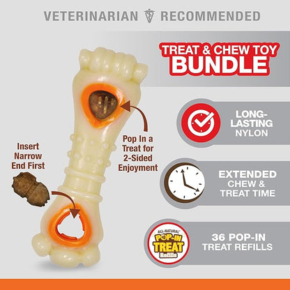 Nylabone Knuckle Bone Pop-in Treat Toy Power Chew Toy with 30 Refills, Interactive Treat Dispensing Enrichment Toys for Dogs, Long Lasting Chicken Flavor, Medium Dogs - Up to 35 lbs, 2 Pack