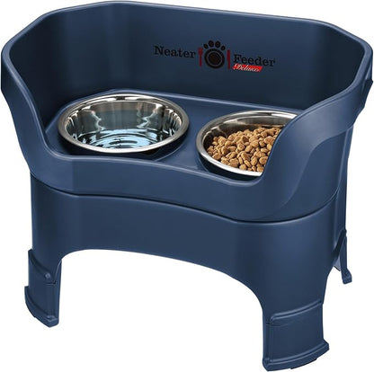 Neater Feeder Deluxe Mess-Proof Elevated Dog Bowls for Large Dogs (40+ lbs), 2 Height Adjustable (14.5” & 17.5”) No-Spill Raised Dog Bowl Stand, Stainless Steel Food Bowl Set, Made in USA, Dark Blue