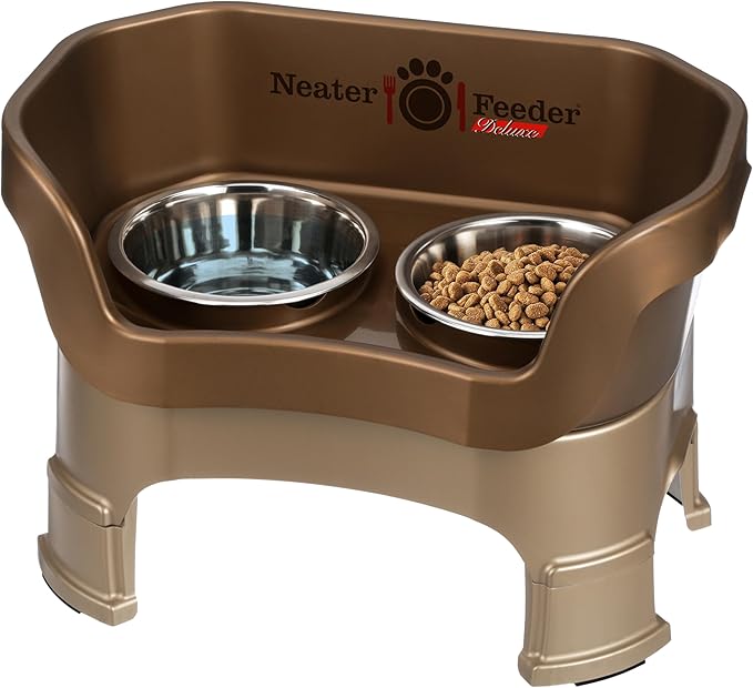 Neater Feeder Deluxe Mess-Proof Elevated Dog Bowls for Medium Dogs (19–40 lbs), 2 Height Adjustable (10” & 12.5”) No-Spill Raised Dog Bowl Stand, Stainless Steel Food Bowl Set, Made in USA, Bronze