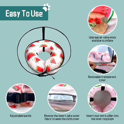 Ovatt PVC inflatable pet collar for small medium and large dogs after surgery ，Washable Dog Cone Collar w/Removable Hard Cone for Dogs After Surgery (Watermelon, L)
