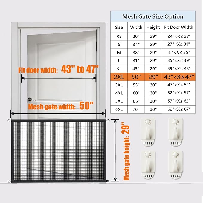 Dog Gate for Stairs Pet Gates for The House: Dogs Screen Mesh Gate for Doorways Stairways Indoor 29 inch Tall, 50 inch Wide Fits 44-47 inch Openings