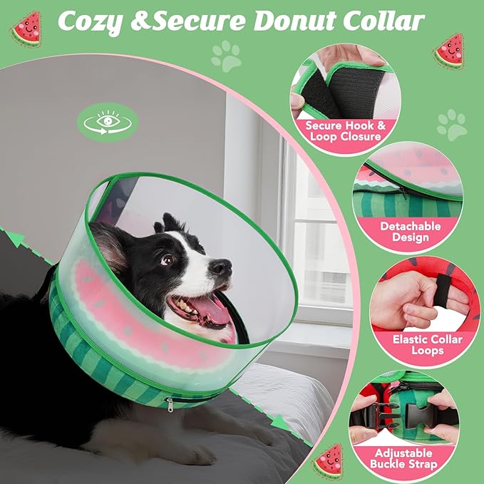 Inflatable Dog Cone with Anti-Licking Clear Shield, Protective Dog Donut Collar After Surgery, Adjustable Soft Recovery Cone for Pets, Alternative Collar with Buckle Strap (Watermelon, S)