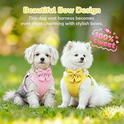 Small Dog Collar Harness and Leash Set, Dog Harness no Pull with Bowtie, Breathable Cotton Adjustable Pet Puppy Harness, Easy Walk Dog Harness, S(14–18.9")