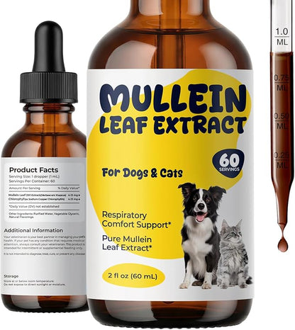 Mullein Drops for Dogs & Cats, Mullein Leaf Extract Liquid with Chlorophyll, Respiratory Comfort & Breathing Support, Pet Cough Support Drops, Herbal Liquid Supplement, 2 fl oz (60 mL)